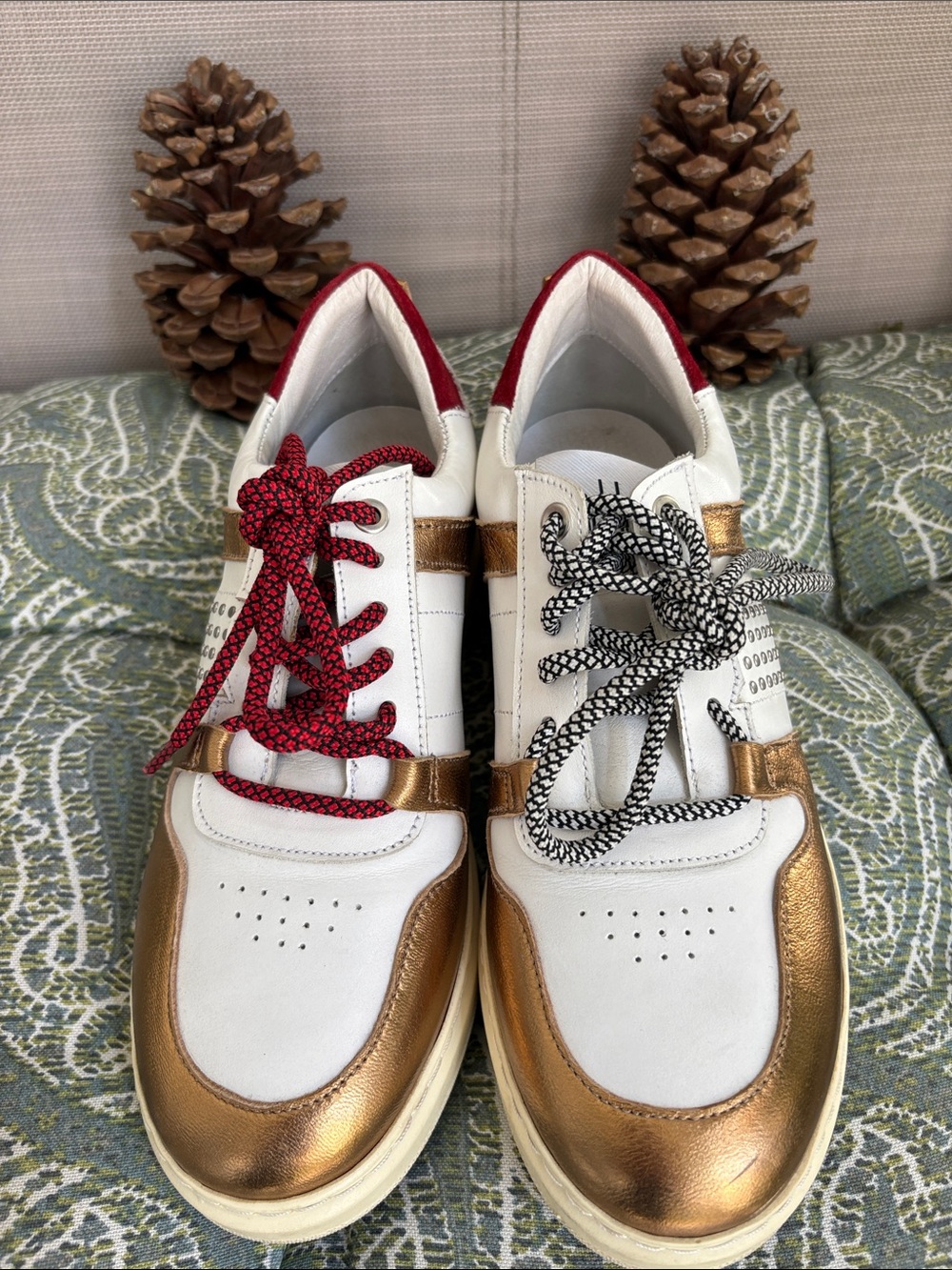 Drippen White and Gold Sneakers with Red & Black Laces